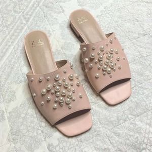 Zac Posen Pink Amber Pearl Stud Leather Slides